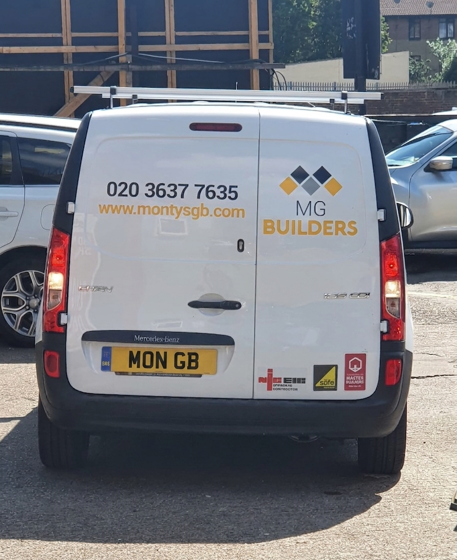 Monty's Builders branded van, trusted London maintenance team